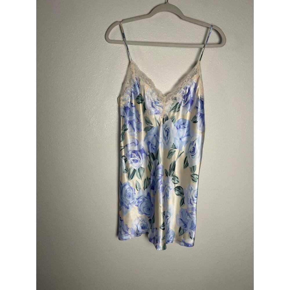 NWT In Bloom by Jonquil - Printed Lace Trim Chemise Blue Floral- Size Med